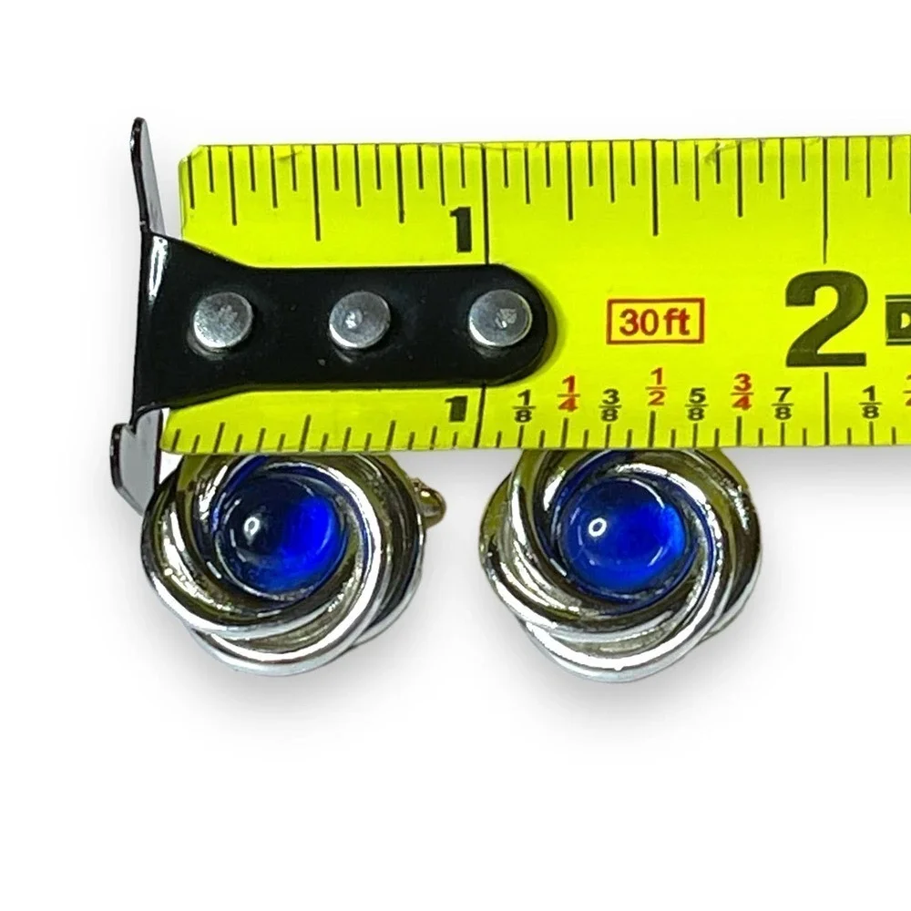 Silver Tone Cufflinks Blue Glass Cabochons Knot Style